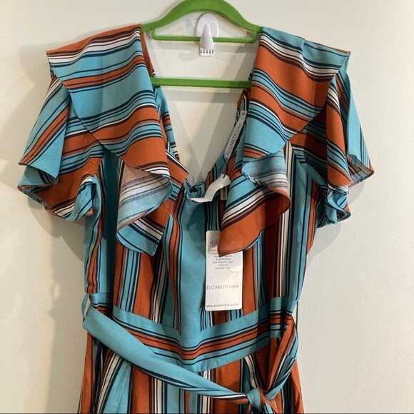 ELIZABETH LIMA Sz L Jumpsuit With Ruffles Wide Leg Pant Belt Bat Sleeve NWT - Picture 9 of 17